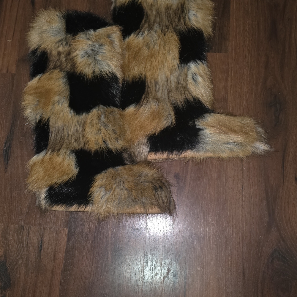 Faux Fur Over the Knee Boots - Black and Brown
